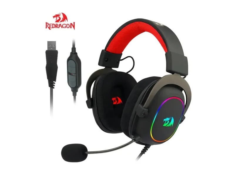 Redragon Zeus X RGB headset gamer preto e vermelho com iluminação RGB acesa